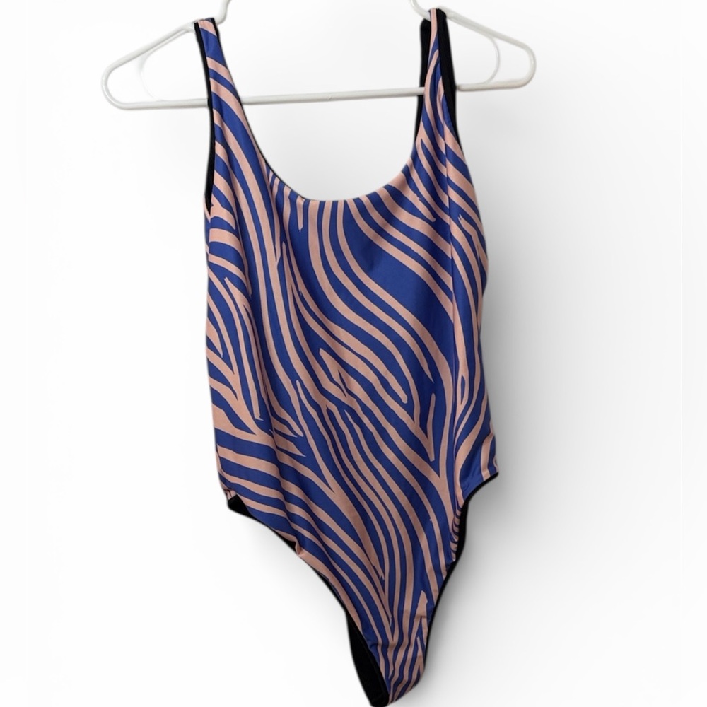 NWT Reversible Zebra Print or Black One Piece Swimsuit - Cream and Blue